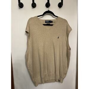 Polo by Ralph Lauren M Sz XLT Beige Sweater Vest V Neck 100% Pima Collegiate